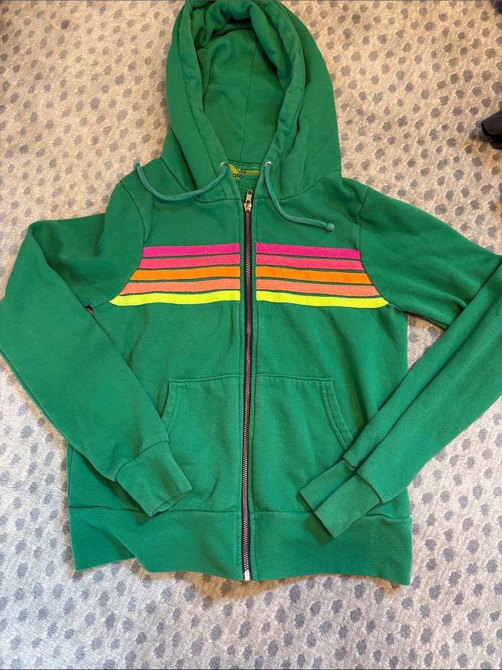 Aviator Nation Green Zip Hoodie with Neon Stripe Chest